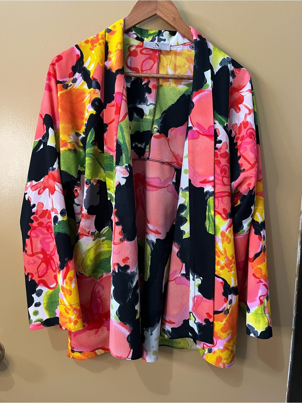 Natori Floral Open-Front Blazer in Coral, Black, Yellow & Green Large